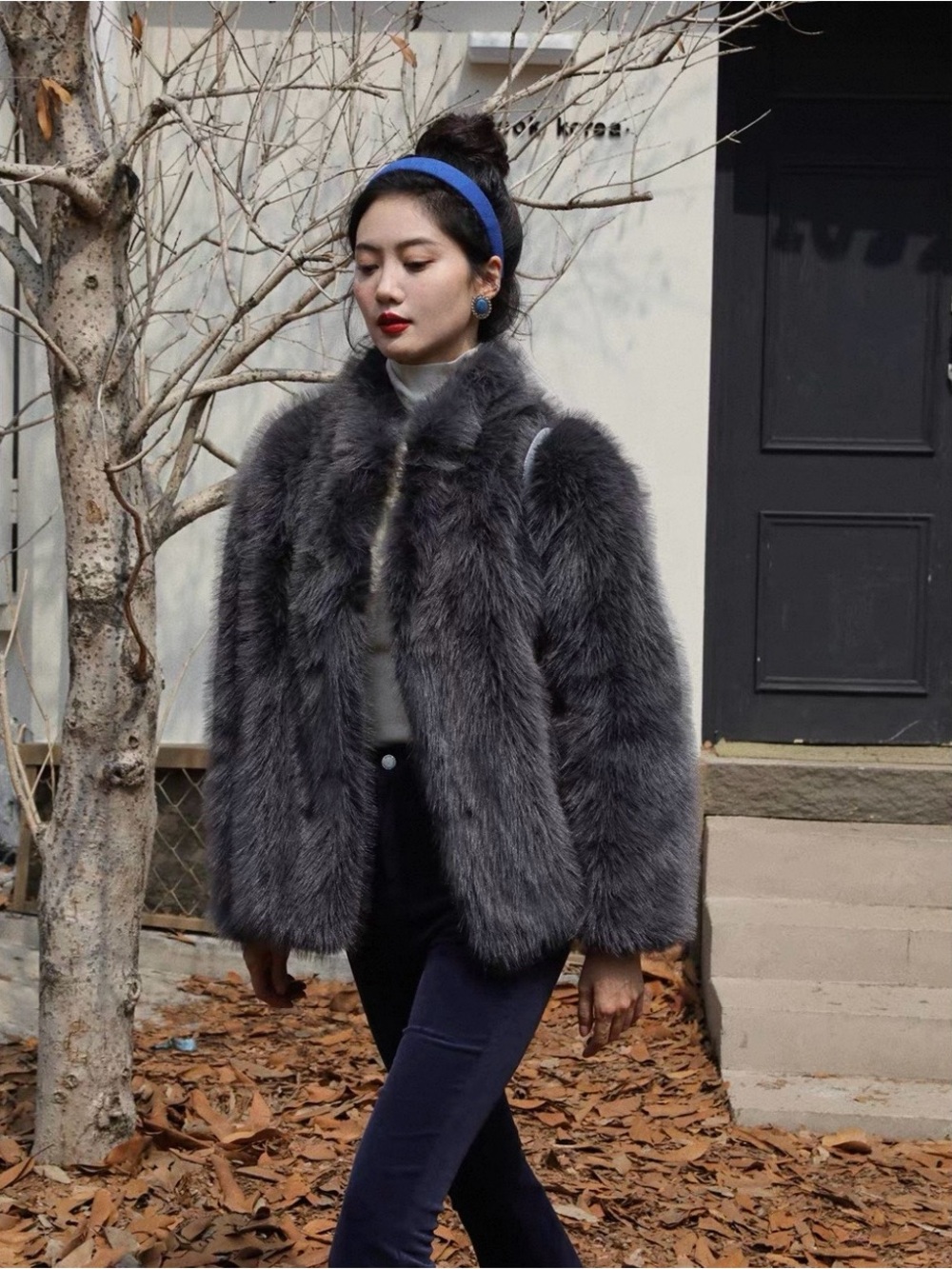 Faux Fur Short Jacket in Charcoal Gray - Women's Coat